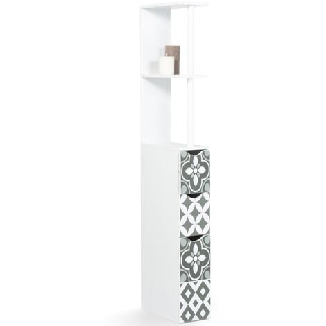 Meuble WC étagère bois WILLY 3 portes blanc et motif carreaux de ciment gris