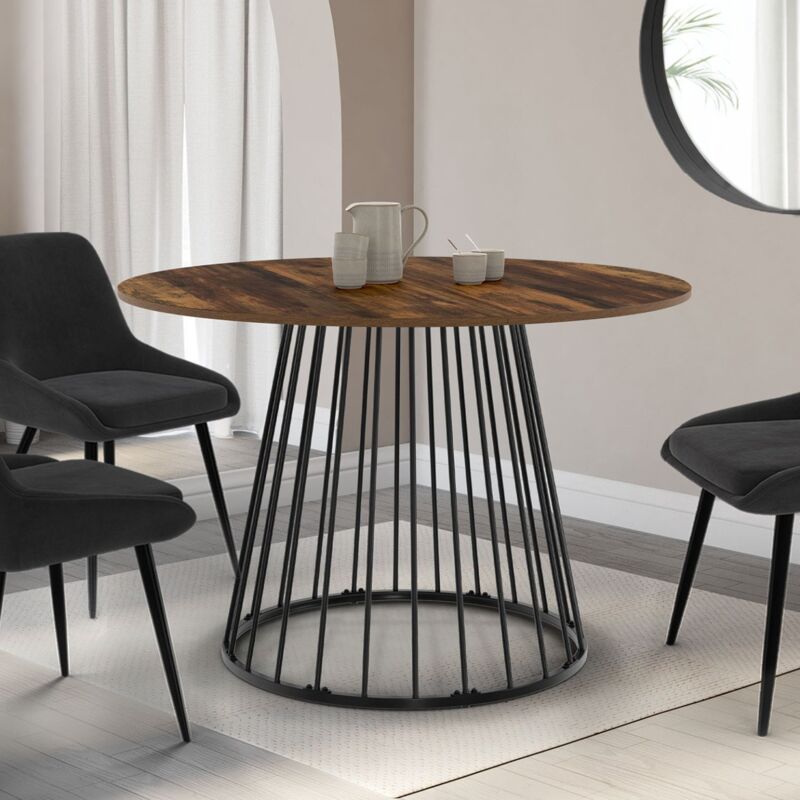 Table à manger ronde YUNA 6 personnes plateau bois foncé HAWKINS et noir 110 cm