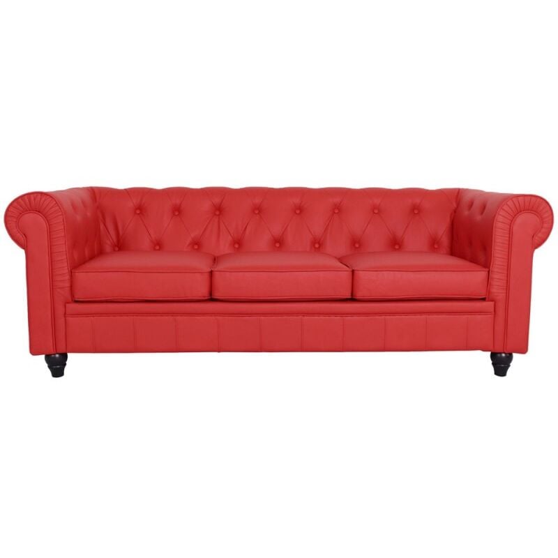 canape chesterfield 3 places - polyurethane rouge chesterfield, contreplaque, mousse polyether, rectangulaire, style anglais, 207 x 80