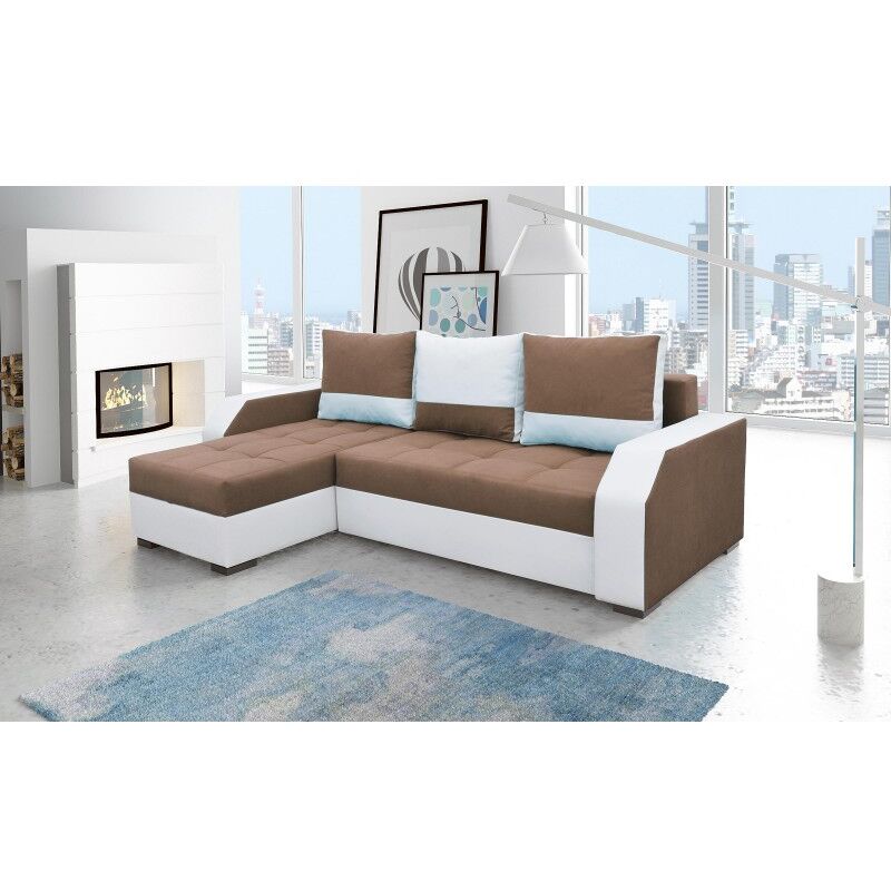Meubler Design - Canapé D'angle Convertible Réversible Design Aris - Tissu Marron Et Blanc, Polyuréthane Blanc, Polyuréthane, Forme en l, Style