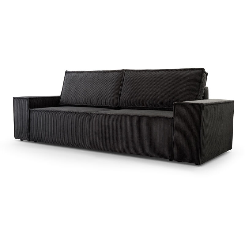 Meubler Design - Canapé Convertible 3 Places Velours Côtelé Noir Juul, Structure En Bois, Assise En Mousse Polyuréthane T30 + Ressorts Zig-zag, Style