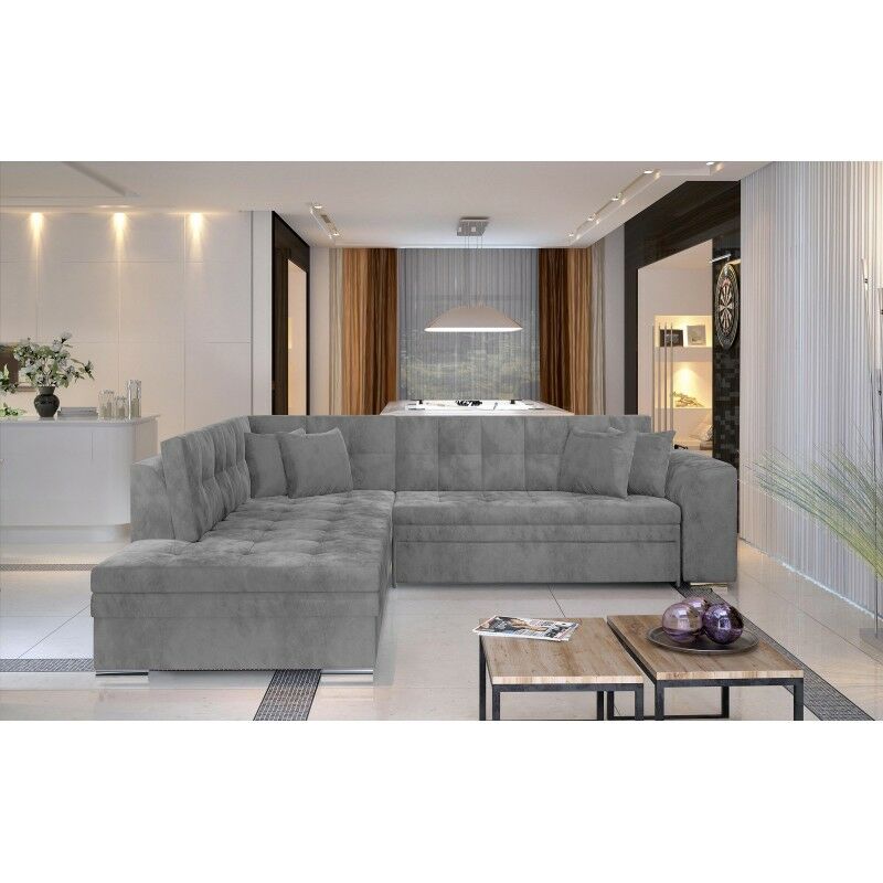 Canapé D'angle Convertible Design Pieretta - Angle Gauche - Velours Gris Clair, Forme en l, Style Contemporain, 260 x 205 x 80 cm - Meubler Design