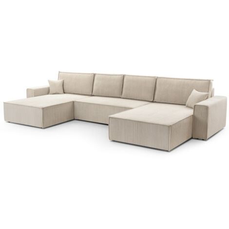 MEUBLER DESIGN Canapé Panoramique Convertible Avec Coffre En Velours Côtelé Beige Juul, Structure En Bois, Assise En Mousse Polyuréthane T30 + Ressorts Zig-zag, Style ,  x  x  cm