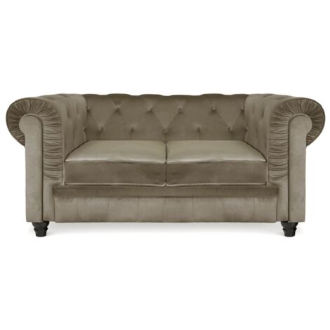 MEUBLER DESIGN Chesterfield Canapé 2 Places - Velours Taupe - 2 Places Chesterfield, Contreplaqué, Mousse polyether, Rectangulaire, Style Anglais, 158 x 82 x 72 cm