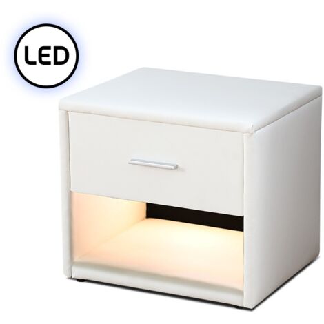 MEUBLER DESIGN Chevet Simili Cuir Avec Éclairage Led Leva - Blanc, Polyuréthane, MDF, Rectangulaire, Style Contemporain, 48.5 x 38.5 x 42 cm