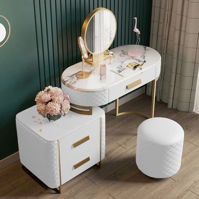 Coiffeuse Céramique Marbre Et Or Ravena Avec Tabouret Assorti - Polyuréthane Blanc, Style , x x cm - Meubler Design