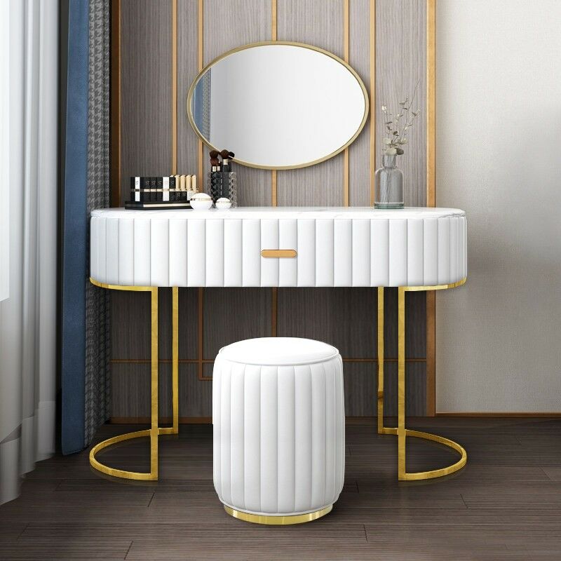 Meubler Design - Coiffeuse à Tiroir Dessus De Table En Faux Marbre Vita - Polyuréthane Blanc, Métal, Mousse polyéthylène, Ovale, Style Art déco, 120