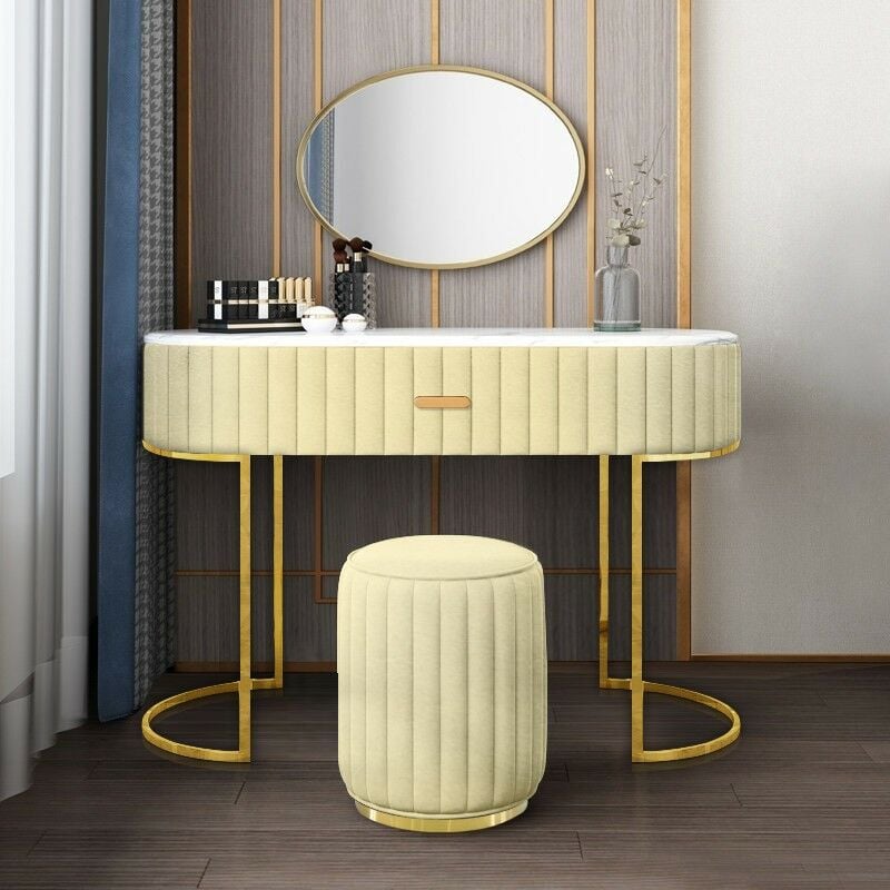 Meubler Design - Coiffeuse à Tiroir Dessus De Table En Faux Marbre Vita - Velours Beige, Métal, Mousse polyéthylène, Ovale, Style Art déco, 120 x