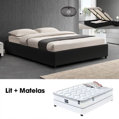 MEUBLER DESIGN Ensemble Matelas + Sommier Coffre 140 Noir, Polyuréthane, Style Contemporain, 203 x 155 x 34.5 cm