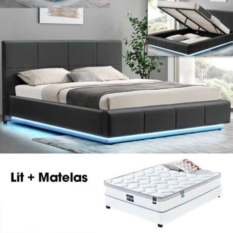 MEUBLER DESIGN Ensemble Matelas Sommier Coffre Gris 140 Alexi, Polyuréthane, Style Contemporain, 214 x 160 x 105 cm