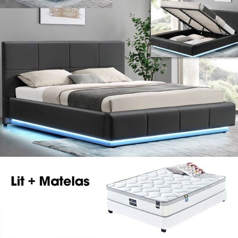 Meubler Design - Ensemble Matelas Sommier Coffre Gris 180 Alexi, Polyuréthane, Style Contemporain, 224 x 200 x 105 cm