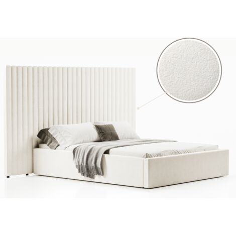 MEUBLER DESIGN Lit Coffre Avec Grande Tête De Lit Tissu Velours Côtelé Ou Tissu Bouclette Monaco - Tissu Bouclé Crème - 160x200, Style , x x cm