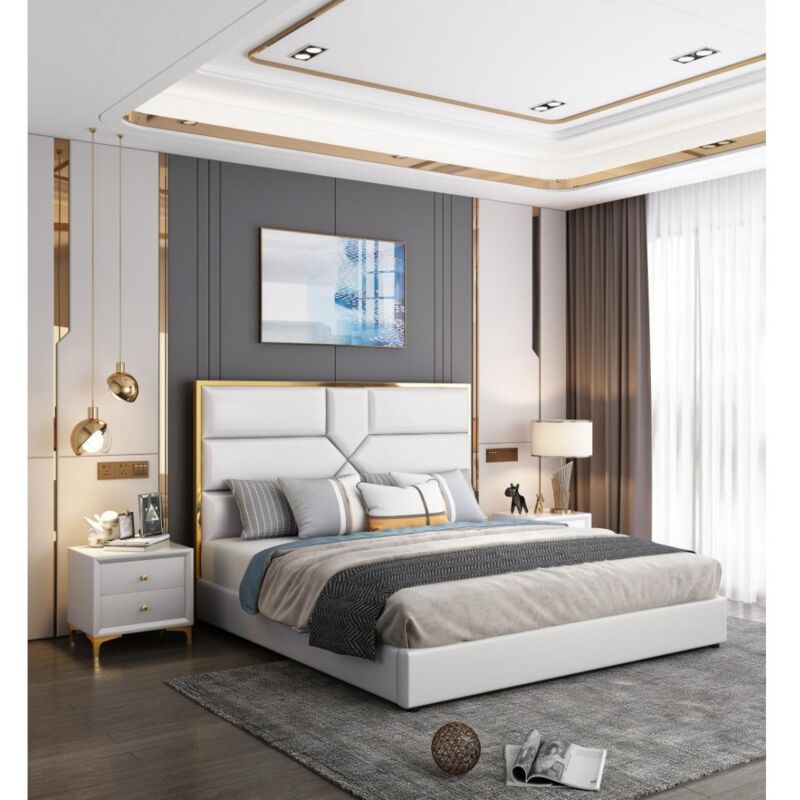 Meubler Design - Lit Coffre Design Effet Laiton Dalia - Blanc - 140x190, Polyuréthane, Style Art déco, 203 x 150 x 140 cm