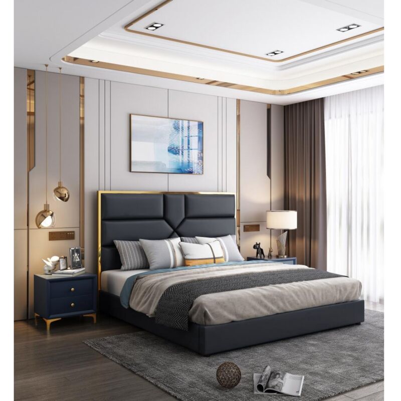 Meubler Design - Lit Coffre Design Effet Laiton Dalia - Noir - 160x200, Polyuréthane, Style Art déco, 213 x 170 x 140 cm