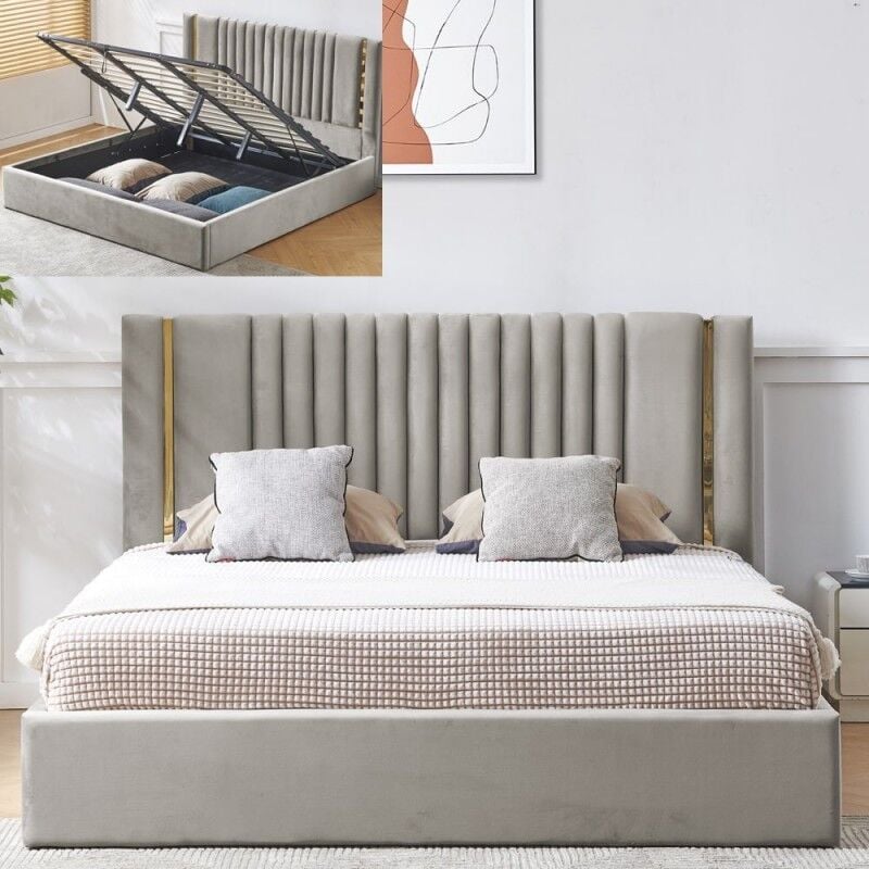 Meubler Design - Lit Coffre Métal Or Et Velours Kaufman - Velours Gris - 180x200, Style Contemporain, 214 x 188 x 122 cm