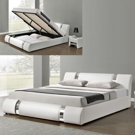 MEUBLER DESIGN Lit Coffre Sommier Relevable Nova - Blanc - 180x200, Polyuréthane, Style Contemporain, 233 x 193 x 87 cm