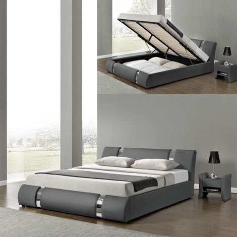 MEUBLER DESIGN Lit Coffre Sommier Relevable Nova - Gris - 140x190, Polyuréthane, Style Contemporain, 223 x 153 x 87 cm