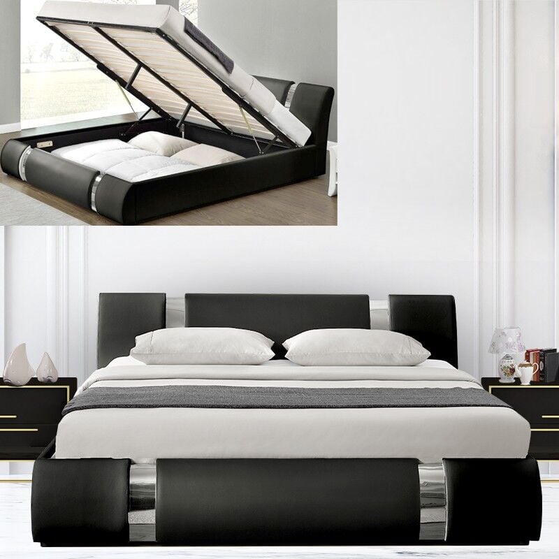 Meubler Design - Lit Coffre Sommier Relevable Nova - Noir - 180x200, Polyuréthane, Style Contemporain, 233 x 193 x 87 cm