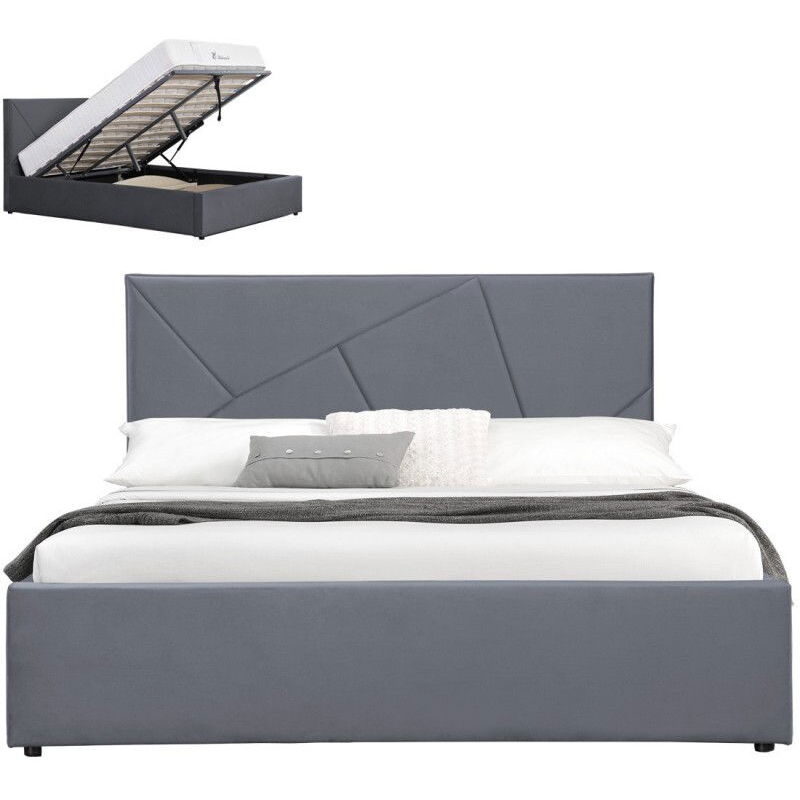 Meubler Design - Lit Coffre Velours Damard - Velours Gris - 140x190, Style Contemporain, 210 x 151 x 98.5 cm - Velours Gris