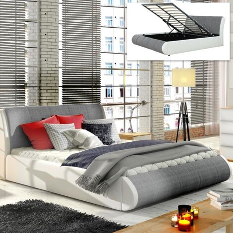 MEUBLER DESIGN Lit Coffre Xenon Avec Sommier - Gris Tissu - 140x190, Style Contemporain, 155 x 232 x 93 cm - Gris Tissu