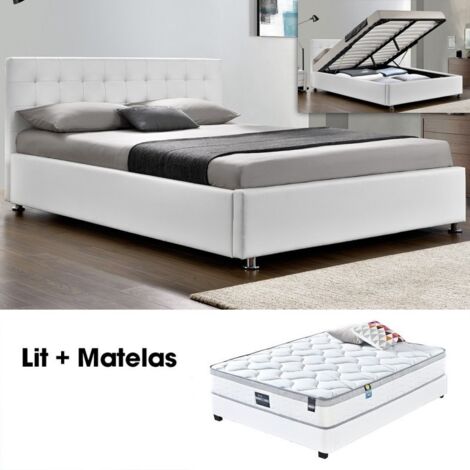 MEUBLER DESIGN Lit Complet Capitole + Matelas Romance 160 Blanc, Polyuréthane, Style Contemporain, 213 x 171 x 90.5 cm