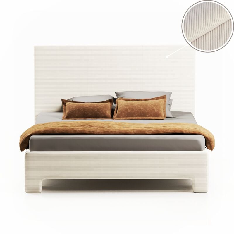 Lit Complet Simpli Avec Sommier Et Tête De Lit En Velours Côtelé Beige - Velours Côtelé Beige - 140x190, Style , x x cm - Meubler Design