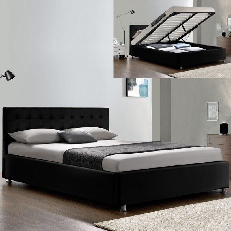 Meubler Design - Lit Complet Sommier Relevable + Tête De Lit + Cadre De Lit Capitole - Noir - 160x200, Polyuréthane, Style Contemporain, 213 x 171 x