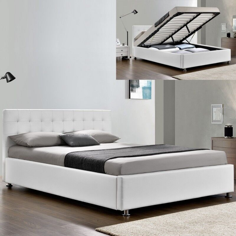 Meubler Design - Lit Complet Sommier Relevable + Tête De Lit + Cadre De Lit Capitole - Blanc - 140x190, Polyuréthane, Style Contemporain, 203 x 151 x