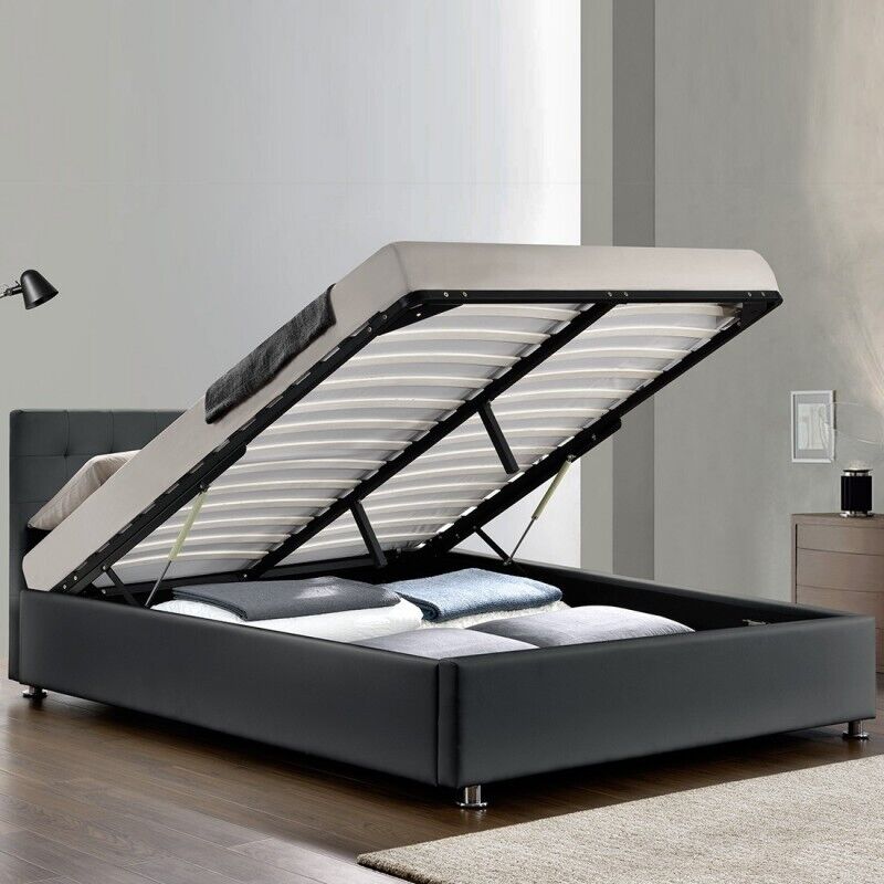 Meubler Design - Lit Complet Sommier Relevable + Tête De Lit + Cadre De Lit Capitole - Gris - 140x190, Polyuréthane, Style Contemporain, 203 x 151 x