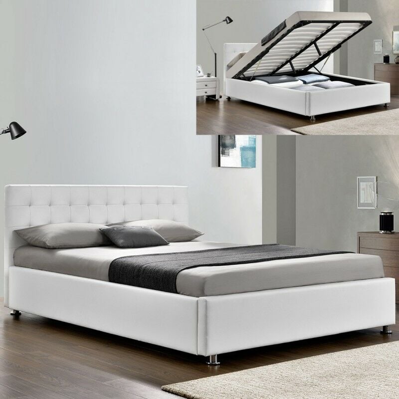 Lit Complet Sommier Relevable + Tête De Lit + Cadre De Lit Capitole - Blanc - 160x200, Polyuréthane, Style Contemporain, 213 x 171 x 90.5 cm