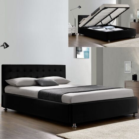 MEUBLER DESIGN Lit Complet Sommier Relevable + Tête De Lit + Cadre De Lit Capitole - Noir - 180x200, Polyuréthane, Style Contemporain, 213 x 191 x 90.5 cm