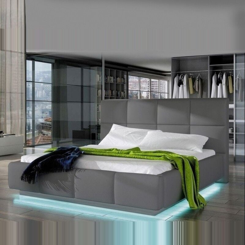 MEUBLER DESIGN Lit Design Alexi Avec Sommier Et Coffre De Rangement - Gris - 140x190, Polyuréthane, Style Contemporain, 214 x 160 x 105 cm