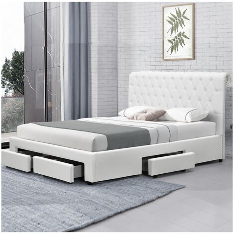 MEUBLER DESIGN Lit Design Avec Rangement Tiroirs Hyde - Polyuréthane Blanc - 140x190, Style Contemporain, 216.5 x 156 x 104 cm
