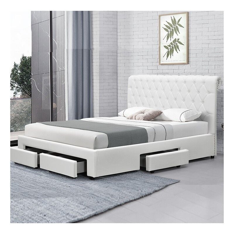 Lit Design Avec Rangement Tiroirs Hyde - Polyuréthane Blanc - 180x200, Style Contemporain, 236.5 x 196 x 104 cm - Meubler Design