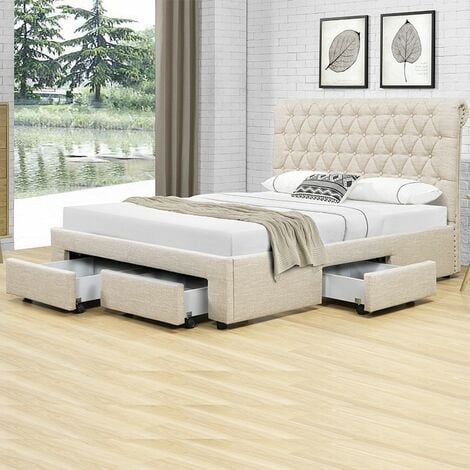 Lit double 4 tiroirs avec tête de lit capitonnée beige Mysk 160x200 cm