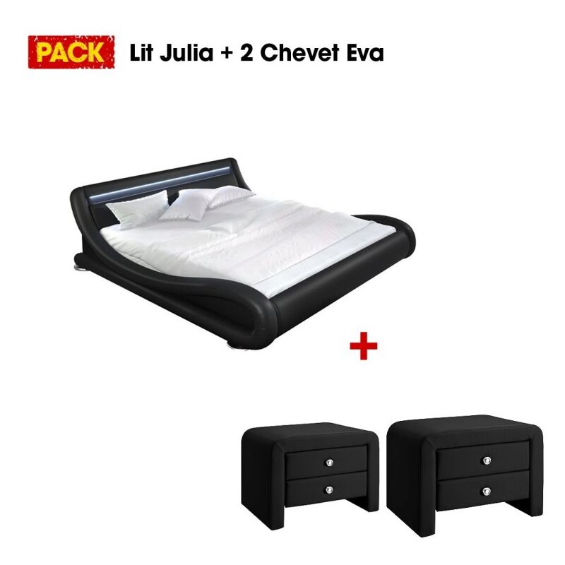 Meubler Design - Lit Design Julia 160 Avec 2 Tables De Chevet Noir, Polyuréthane, Style Contemporain, 224 x 184 x 72 cm - Noir