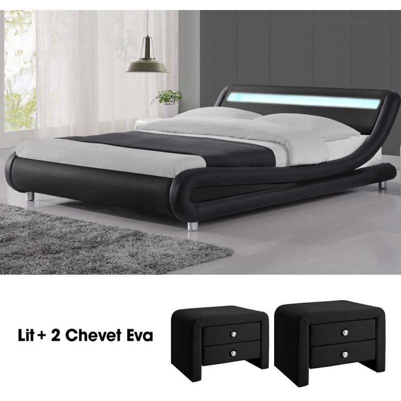 Meubler Design - Lit Design Julio 140 Avec 2 Tables Chevet Eva En Noir, Polyuréthane, Style Contemporain, 206.5 x 155 x 62 cm