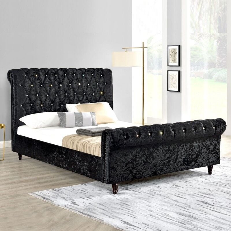 MEUBLER DESIGN Lit Kapaldi Luxe Velours Noir Ou Tissu Beige - Noir - 160x200, Velours, Style Baroque, 242 x 172 x 126.5 cm