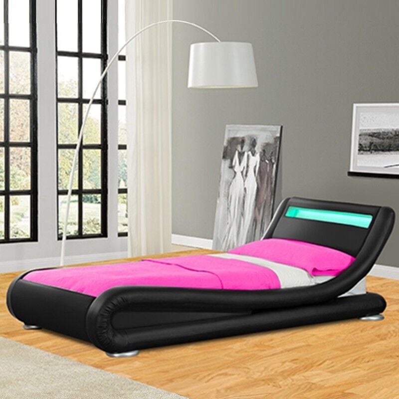 Meubler Design - Lit Design Led Julia - Noir - 90x190, Structure En Bois - Simili Cuir Revêtu En Polyuréthane, Style Contemporain, 214 x 114 x 72 cm