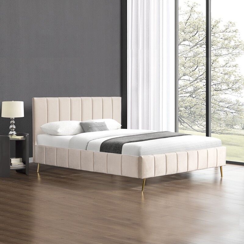 Meubler Design - Lit Design Sommier Velours Pied Or Auster - Velours Beige - 180x200, Style , 214 x 166 x 107 cm