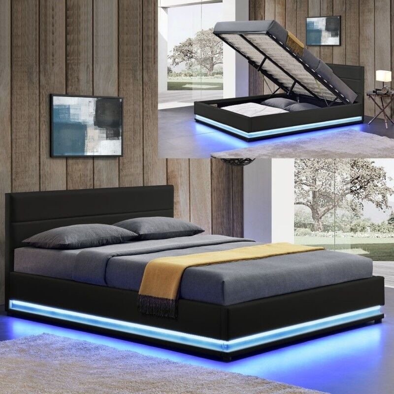Meubler Design - Lit Led Avec Coffre De Rangement Ava - Noir - 160x200, Polyuréthane, Style Contemporain, 214 x 174 x 90 cm