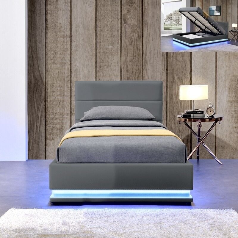 Lit Led Avec Coffre De Rangement Ava - Gris - 90x190, Polyuréthane, Style Contemporain, 204 x 104 x 90 cm - Meubler Design