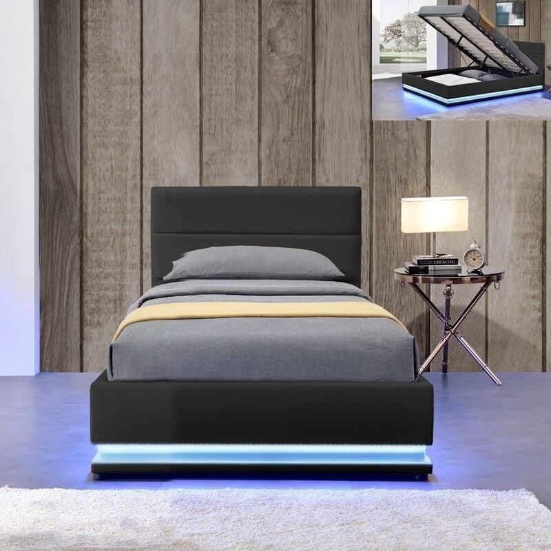 Meubler Design - Lit Led Avec Coffre De Rangement Ava - Noir - 90x190, Polyuréthane, Style Contemporain, 204 x 104 x 90 cm