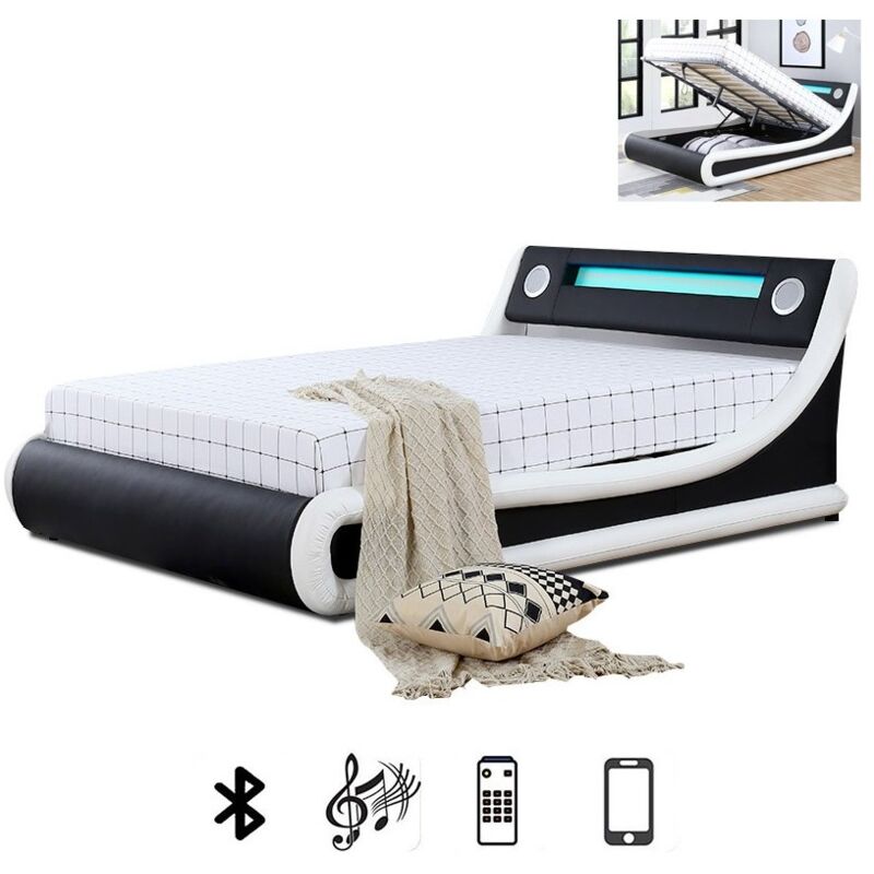 Lit Led Avec Haut-parleurs Intégrés Bluetooth Et Coffre De Rangement Amir - 140x190, Polyuréthane, Style Contemporain, 210 x 158.5 x 79 cm - Meubler