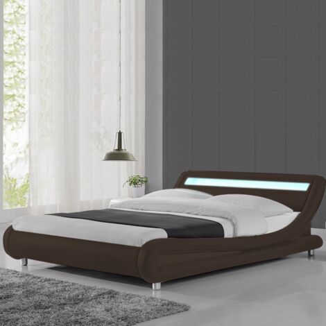 MEUBLER DESIGN Lit Led Design Julio - Marron - 160x200, Structure En Bois - Simili Cuir Revêtu En Polyuréthane, Style Contemporain, 216.5 x 175 x 62 cm