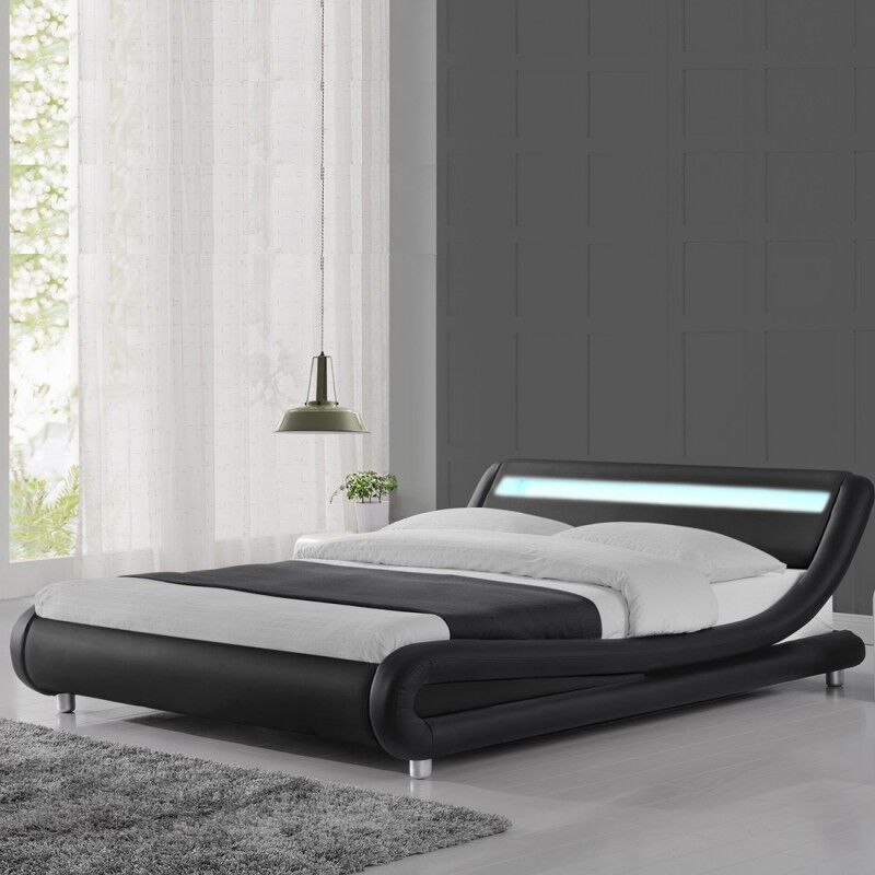 Meubler Design - Lit Led Design Julio - Noir - 140x190, Structure En Bois - Simili Cuir Revêtu En Polyuréthane, Style Contemporain, 206.5 x 155 x 62 Meubler Design - Lit Led Design Julio - Noir - 140x190, Structure En Bois - Simili Cuir Revêtu En Polyuréthane, Style Contemporain, 206.5 x 155 x 62