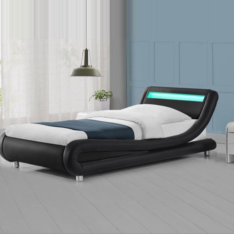 Lit Led Design Julio - Noir - 90x190, Structure En Bois - Simili Cuir Revêtu En Polyuréthane, Style Contemporain, 206.5 x 115 x 62 cm - Meubler Design