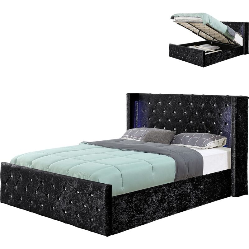 MEUBLER DESIGN Lit Velours Coffre Led Grand Tête De Lit Osmos - Velours Noir - 160x200, Style Baroque, 219 x 184 x 113 cm
