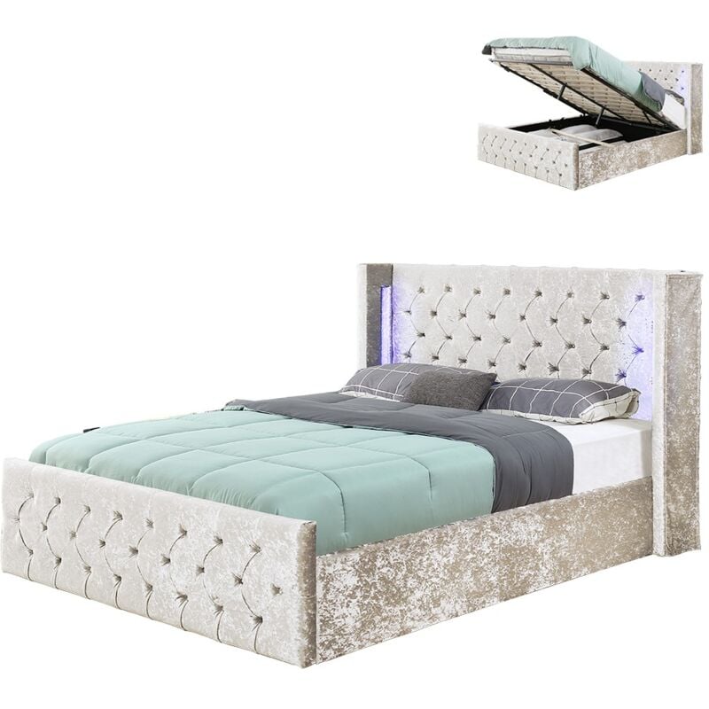 Meubler Design - Lit Velours Coffre Led Grand Tête De Lit Osmos - Velours Beige - 160x200, Style Baroque, 219 x 184 x 113 cm