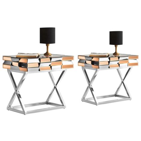 MEUBLER DESIGN Lot De Deux Table De Chevet En Verre Miroir 3d Or Et Miroir, Verre, Chrome, Miroir, Rectangulaire, Style Contemporain, 54.5 x 40 x 60 cm
